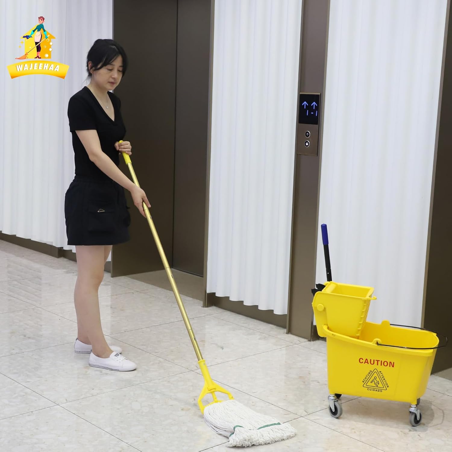 Commercial Mop Bucket with Side-Press Wringer for Floor Cleaning, 35 Quarts, Yellow, Including One Commercial Mop0