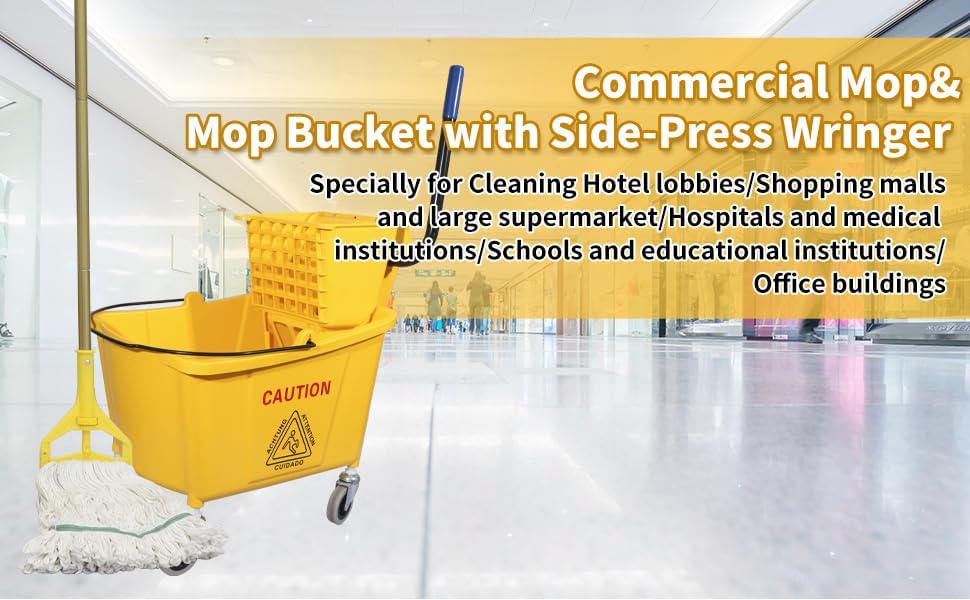 Commercial Mop Bucket with Side-Press Wringer for Floor Cleaning, 35 Quarts, Yellow, Including One Commercial Mop13
