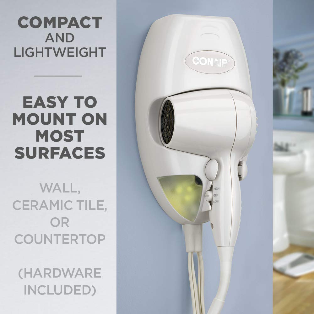 Conair Wall-Mount Hair Dryer, 1600W Hair Dryer with LED Night Light, Wall Mount Blow Dryer1