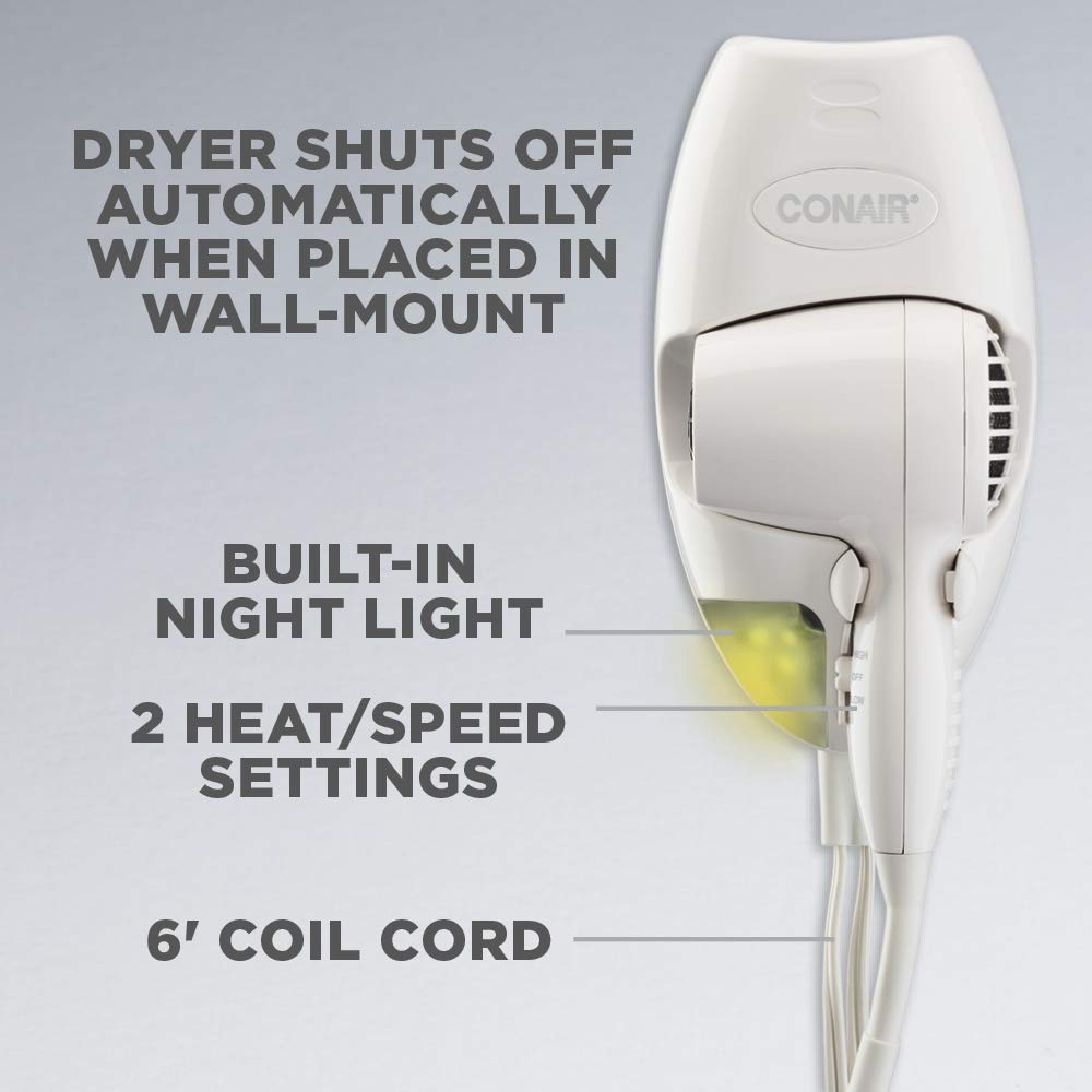 Conair Wall-Mount Hair Dryer, 1600W Hair Dryer with LED Night Light, Wall Mount Blow Dryer2