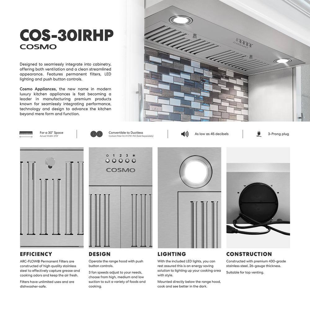 Cosmo COS-30IRHP 30 in. Lumin Collection 380 CFM Ducted Insert Range Hood, Button Controls, LED Lights, Stainless Steel11
