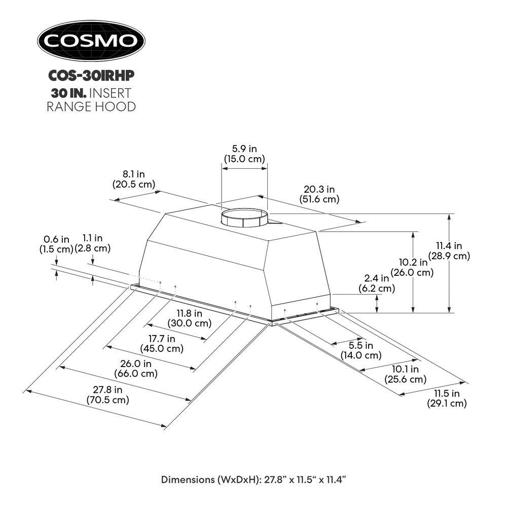 Cosmo COS-30IRHP 30 in. Lumin Collection 380 CFM Ducted Insert Range Hood, Button Controls, LED Lights, Stainless Steel14