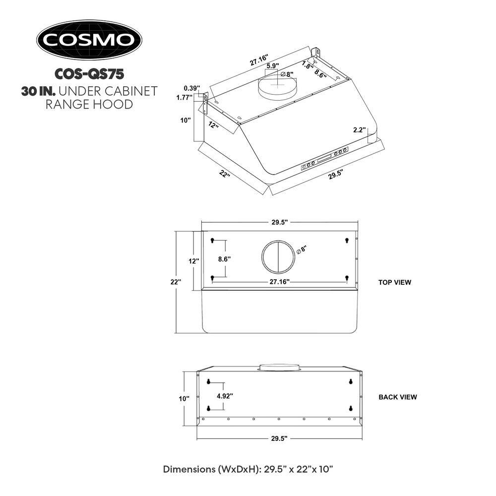 Cosmo COS-QS75 30 in. Haven Collection 500 CFM Ducted Under Cabinet Range Hood, Touch Controls, LED Lights, Stainless Steel11