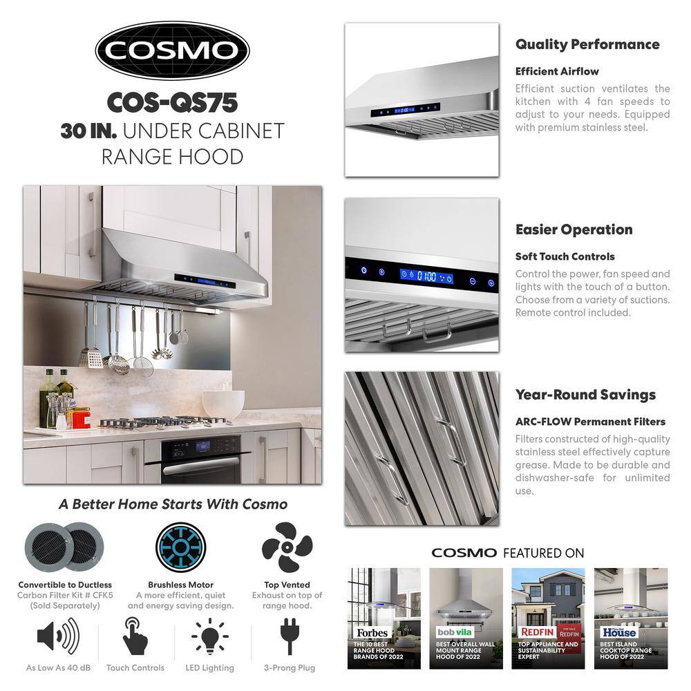 Cosmo COS-QS75 30 in. Haven Collection 500 CFM Ducted Under Cabinet Range Hood, Touch Controls, LED Lights, Stainless Steel19