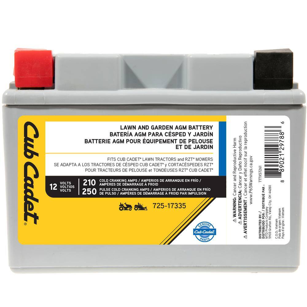 Cub Cadet 725P17335 Replacement 12-Volt 11 Ah 210 CCA Sealed AGM Riding Lawn Mower Battery Cub Cadet 725P17335 Replacement 12-Volt 11 Ah 210 CCA Sealed AGM Riding Lawn Mower Battery