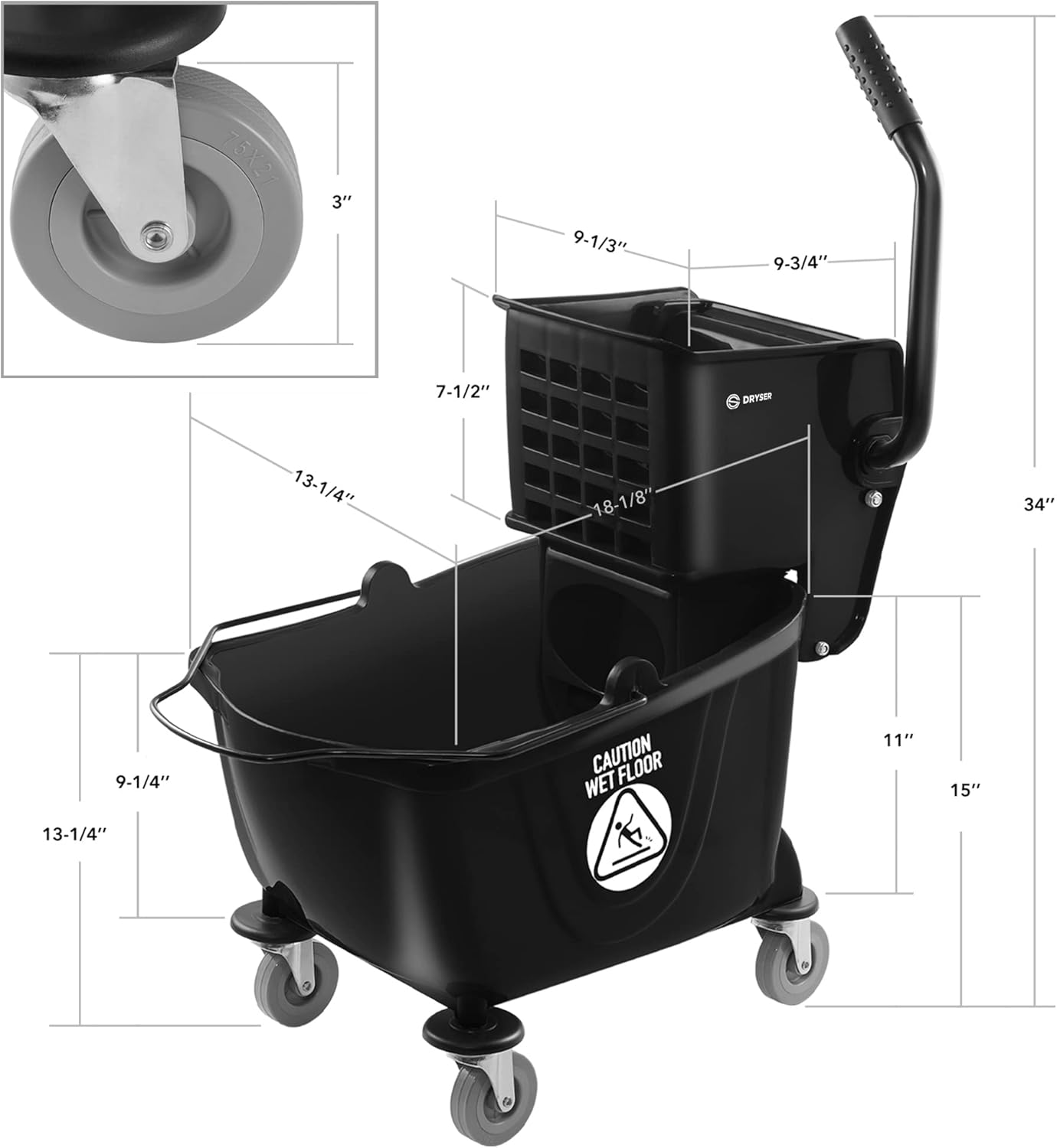 Dryser Commercial Mop Bucket with Side Press Wringer, 26 Quart, Black6