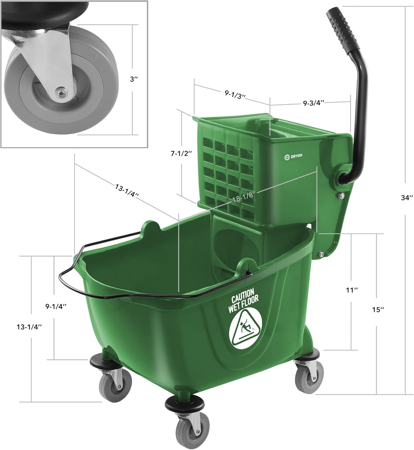 Dryser Commercial Mop Bucket with Side Press Wringer, 26 Quart, Green4