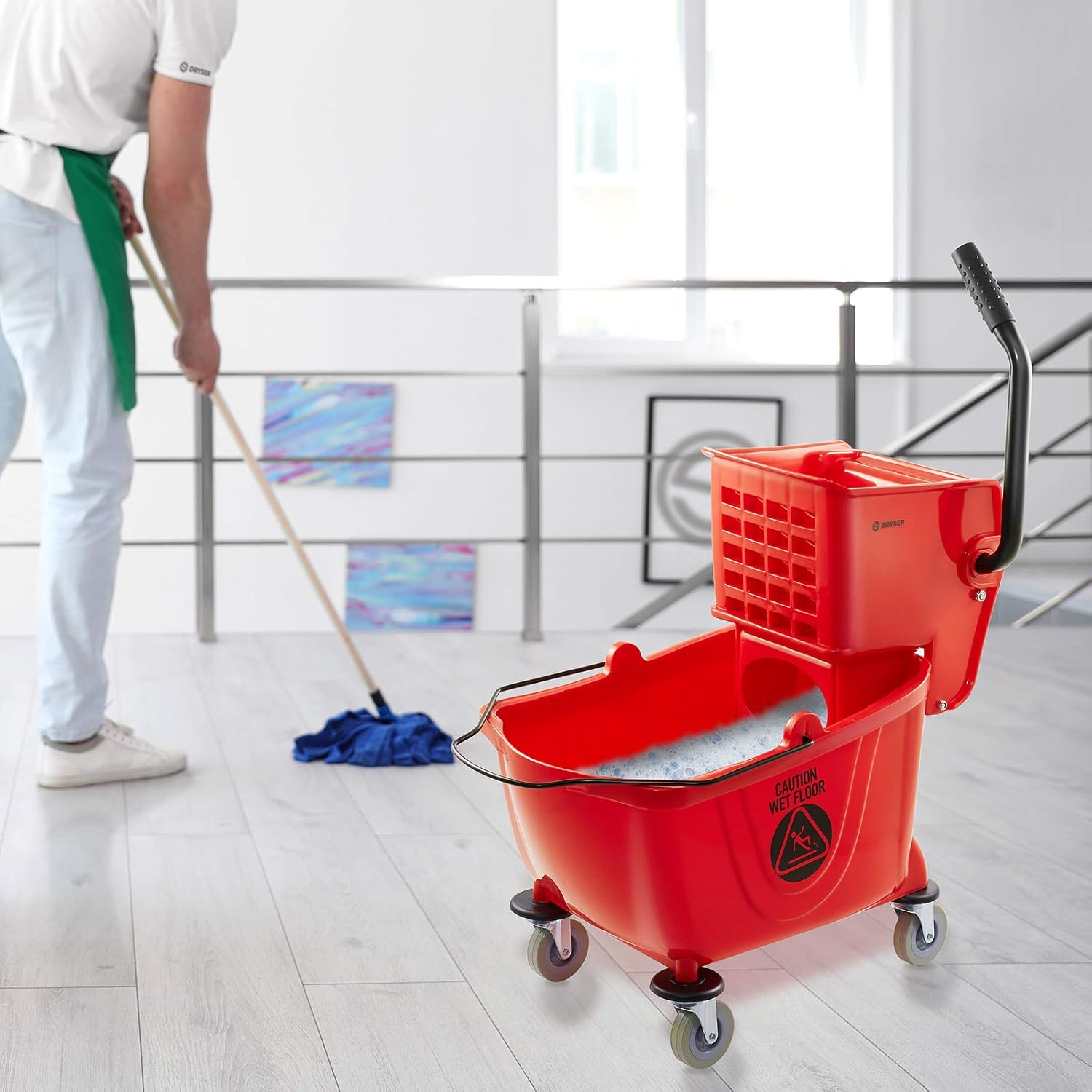 Dryser Commercial Mop Bucket with Side Press Wringer, 26 Quart, Red0