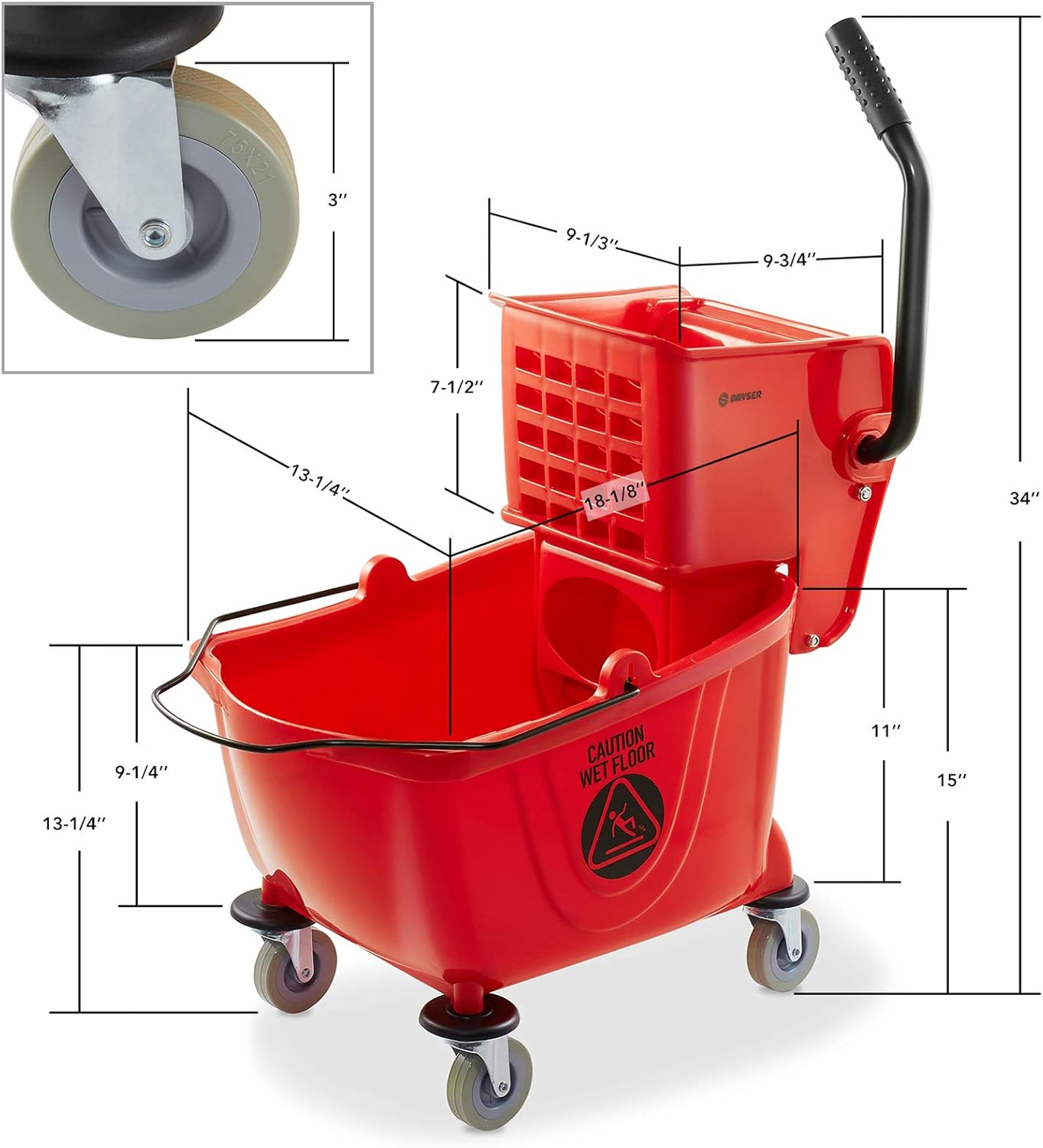 Dryser Commercial Mop Bucket with Side Press Wringer, 26 Quart, Red6