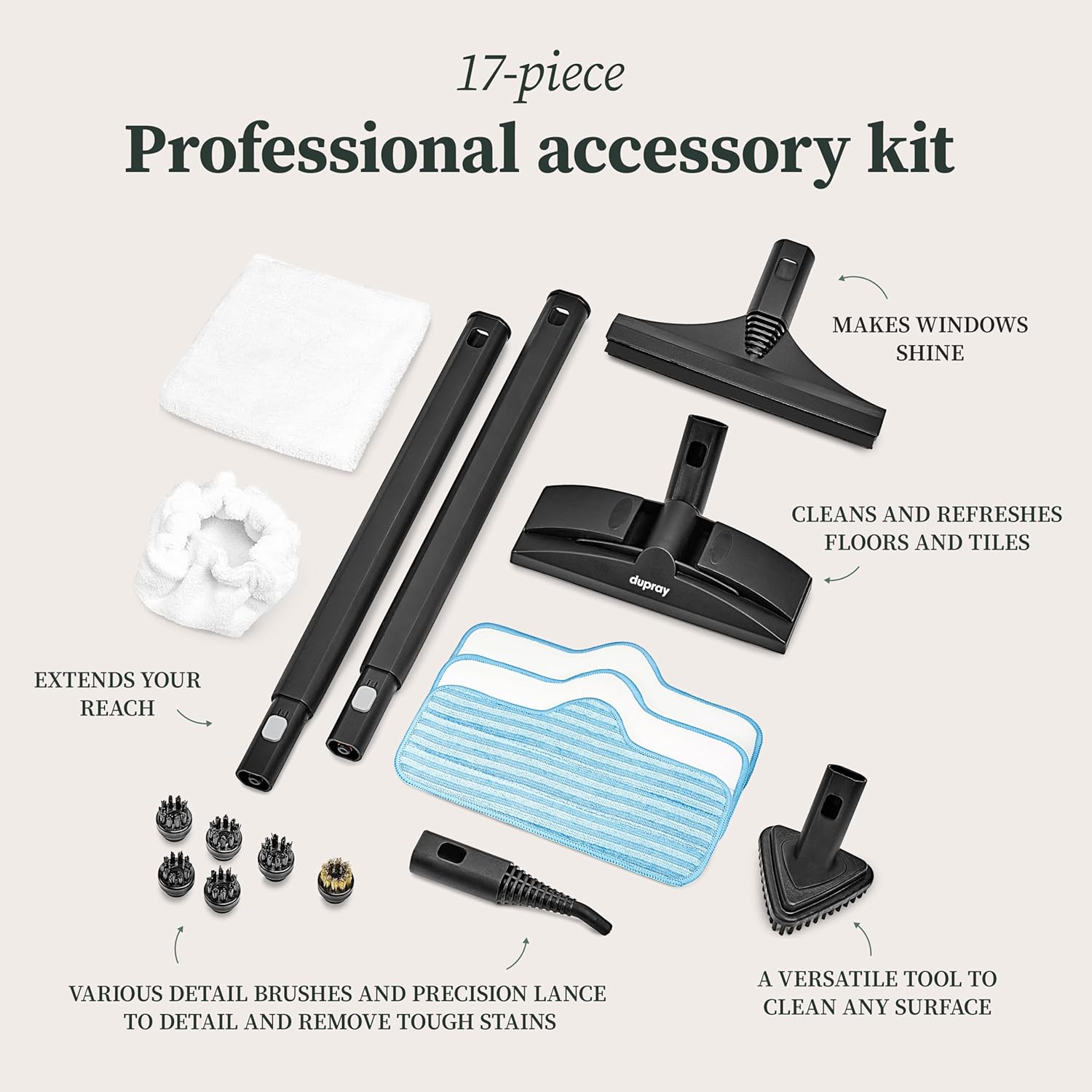 Dupray Neat Steam Cleaner with 17-Piece Kit – Powerful, chemical-free cleaning for floors, cars, tiles, upholstery, kitchen appliances, grout, and more, offering versatile, deep cleaning performance.1