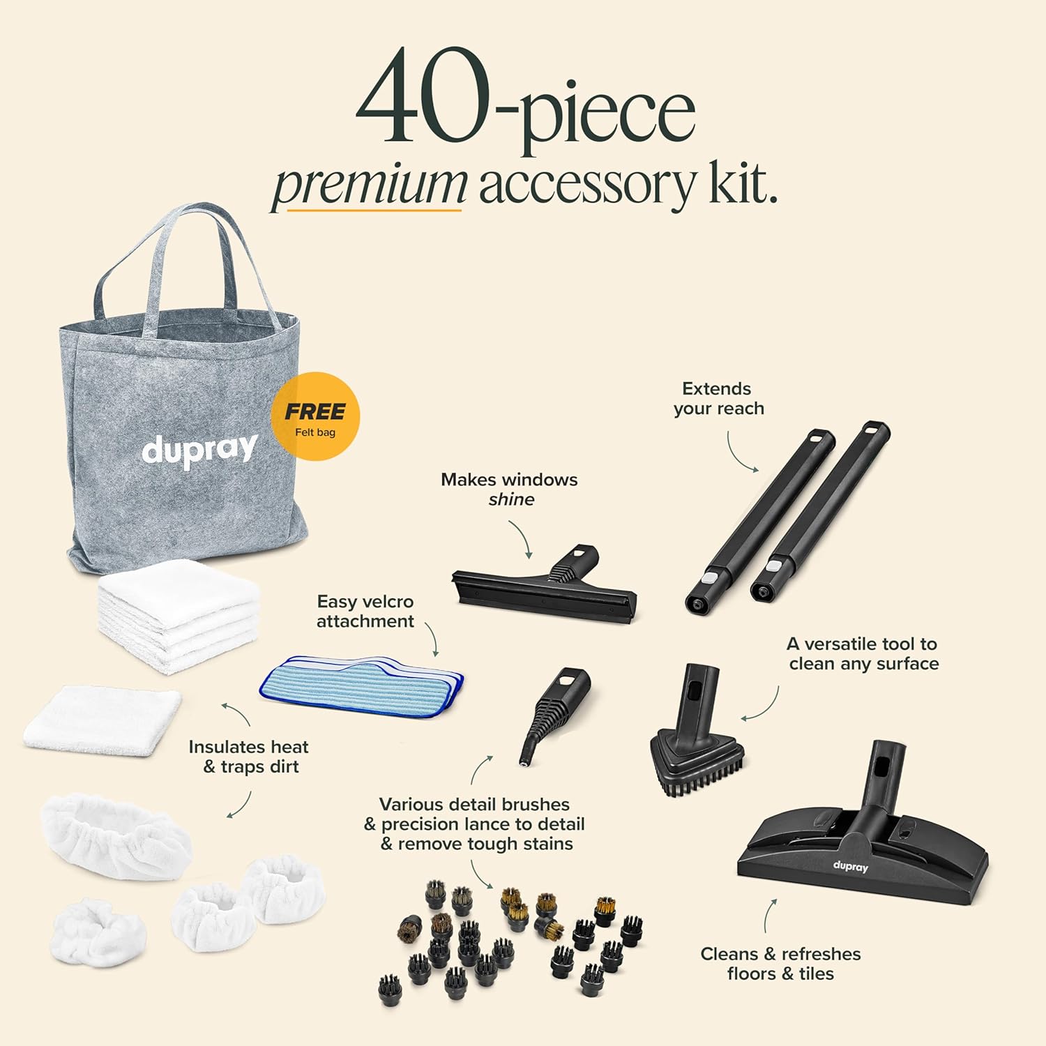 Dupray Neat Steam Cleaner with 40-Piece Accessory Kit, Powerful, chemical-free cleaning for floors, cars, tiles, grout, and more, offering deep cleaning performance1