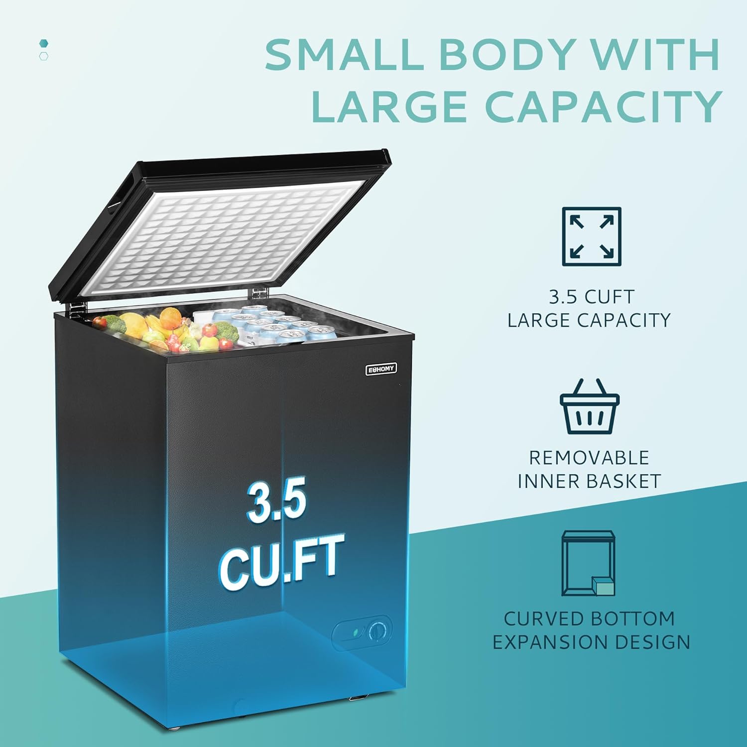 EUHOMY 3.5 Cu.Ft Chest Freezer with Removable Basket, Small Deep Freezer Adjustable 7 Thermostat, Quiet Mini Freezer Free-Standing Top Door, Energy Saving for Apartment Garage Basement Dorm Home,Black1
