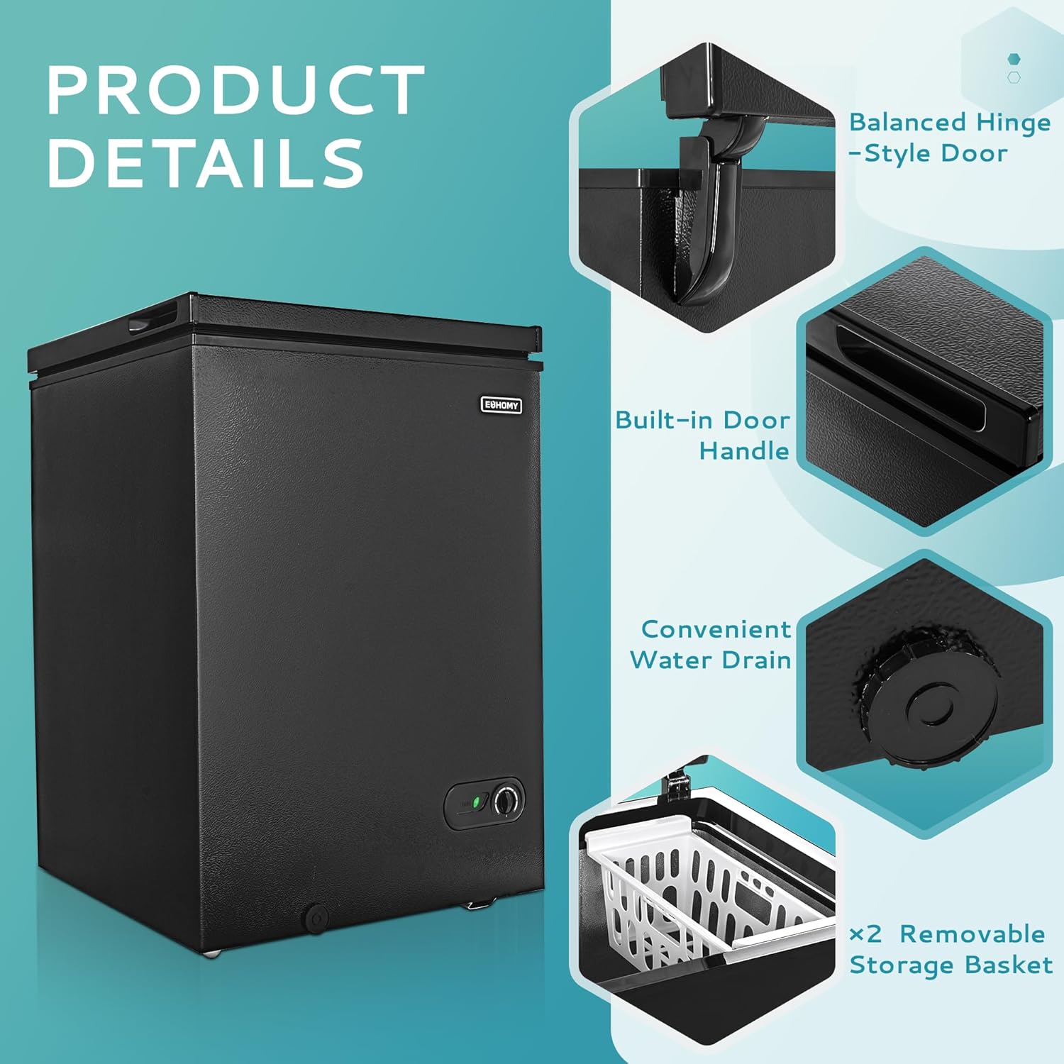 EUHOMY 3.5 Cu.Ft Chest Freezer with Removable Basket, Small Deep Freezer Adjustable 7 Thermostat, Quiet Mini Freezer Free-Standing Top Door, Energy Saving for Apartment Garage Basement Dorm Home,Black3