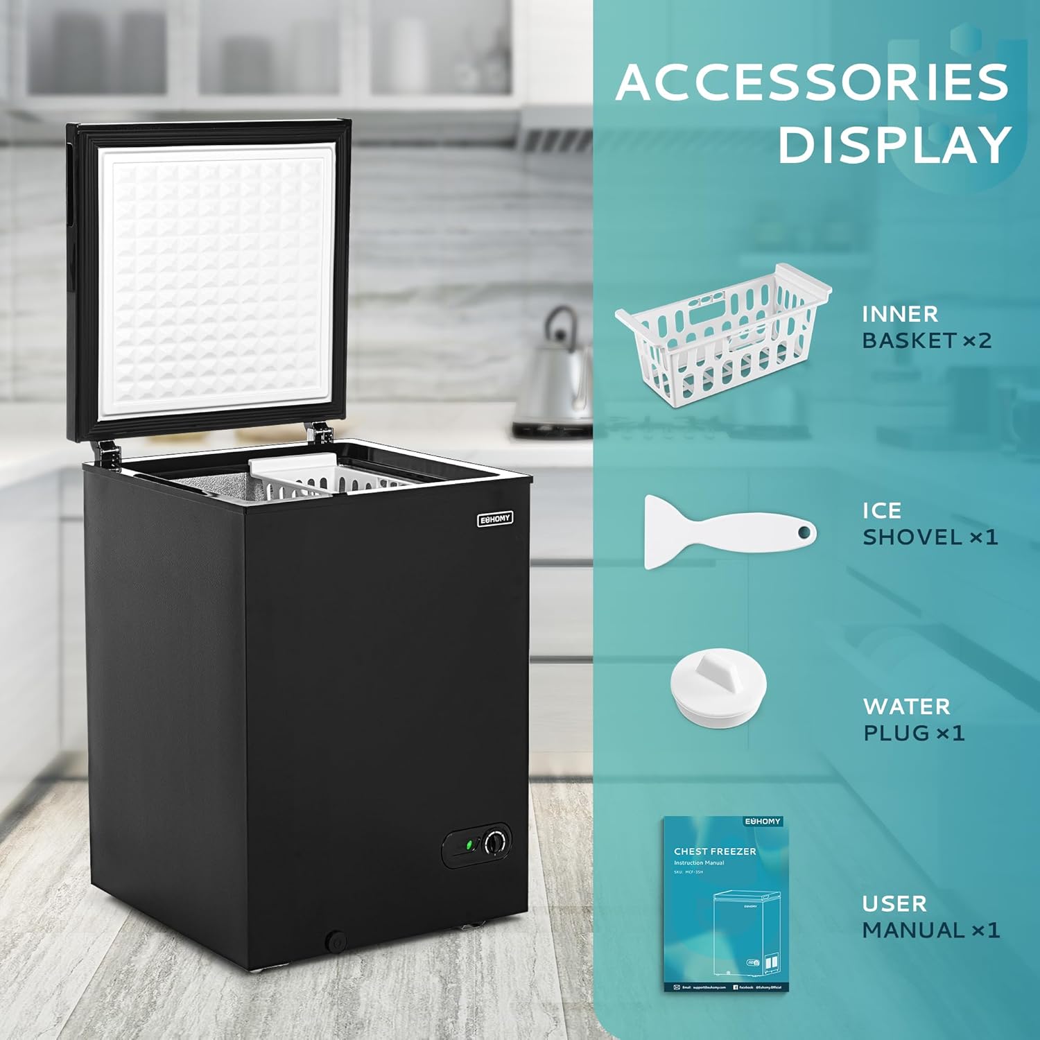 EUHOMY 3.5 Cu.Ft Chest Freezer with Removable Basket, Small Deep Freezer Adjustable 7 Thermostat, Quiet Mini Freezer Free-Standing Top Door, Energy Saving for Apartment Garage Basement Dorm Home,Black9