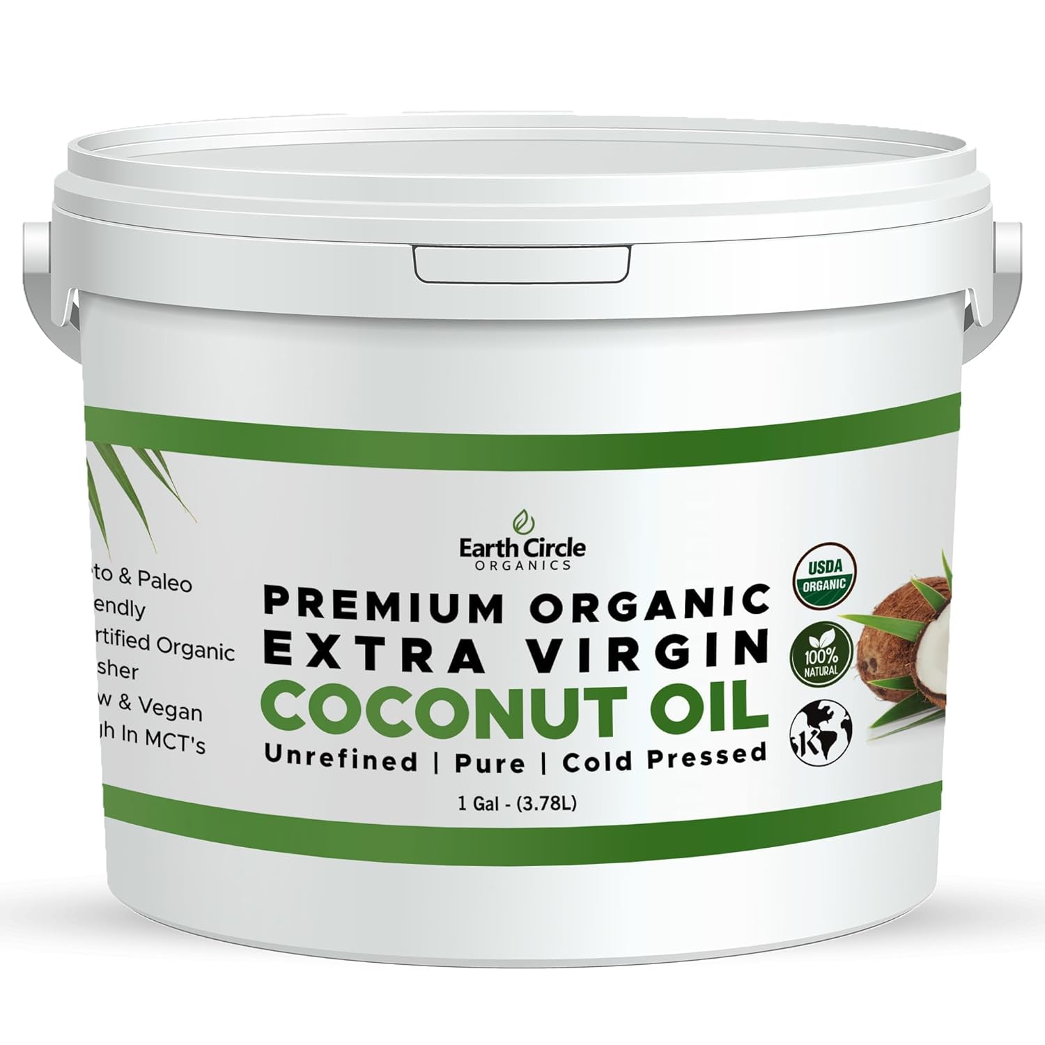 Earth Circle Organics Premium Ultra-Pure Unrefined Cold Pressed Extra Virgin Coconut Oil - Gluten-Free, Keto & Paleo Friendly - Raw Coconut Oil for Skin & Hair Care, Cooking, Baking & More - 1 Gallon Earth Circle Organics Premium Ultra-Pure Unrefined Cold Pressed Extra Virgin Coconut Oil - Gluten-Free, Keto & Paleo Friendly - Raw Coconut Oil for Skin & Hair Care, Cooking, Baking & More - 1 Gallon