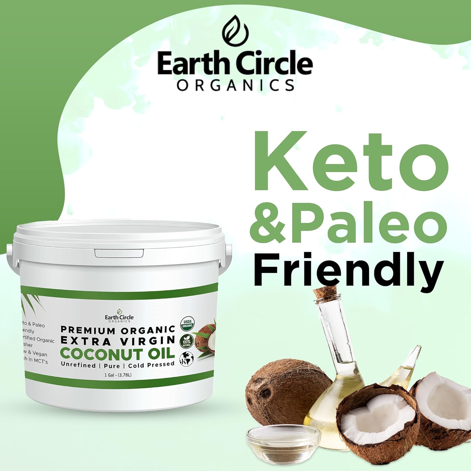 Earth Circle Organics Premium Ultra-Pure Unrefined Cold Pressed Extra Virgin Coconut Oil - Gluten-Free, Keto & Paleo Friendly - Raw Coconut Oil for Skin & Hair Care, Cooking, Baking & More - 1 Gallon3