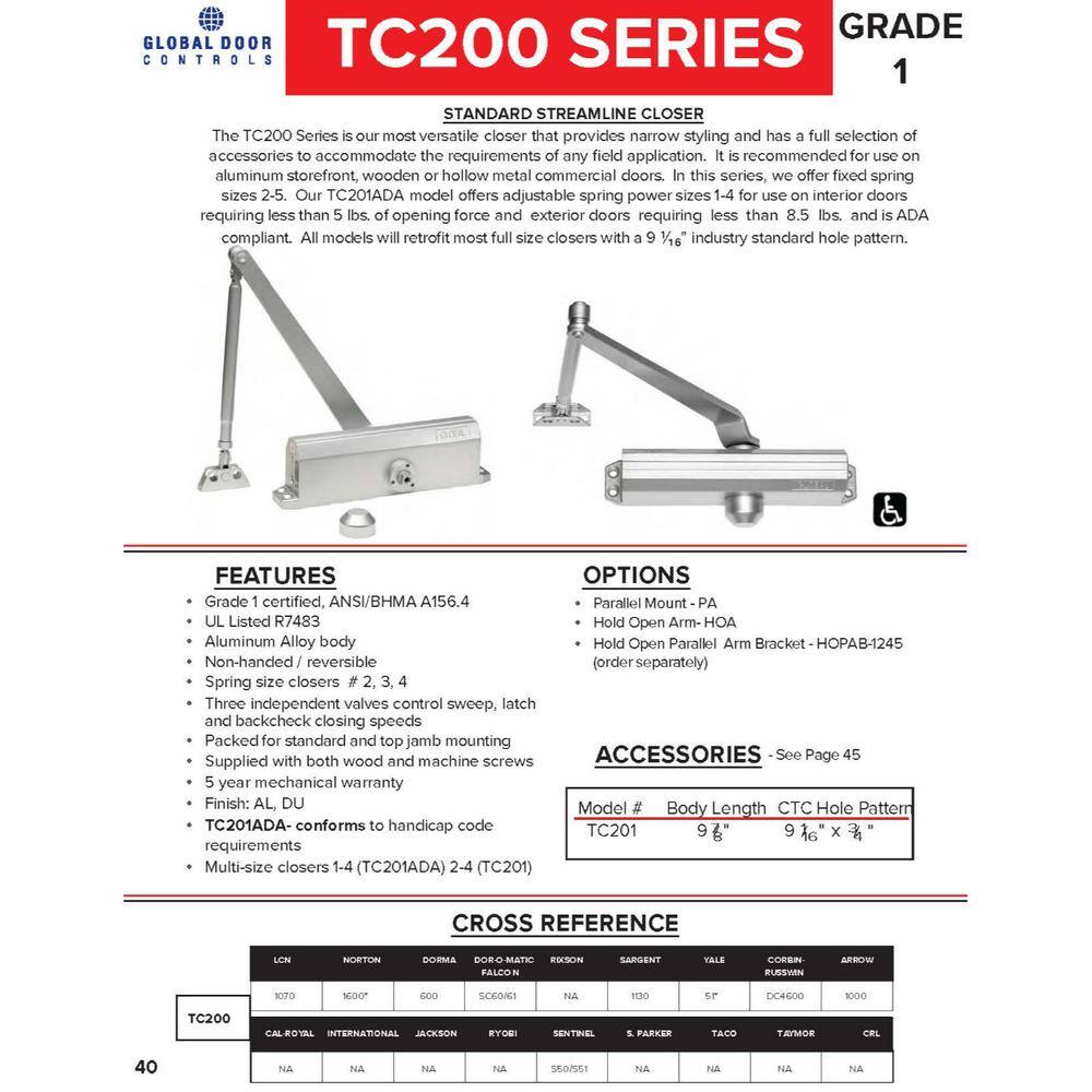 Global Door Controls TC204-BC-Al Commercial Grade 1 Door Closer in Aluminum with Backcheck - Size 411