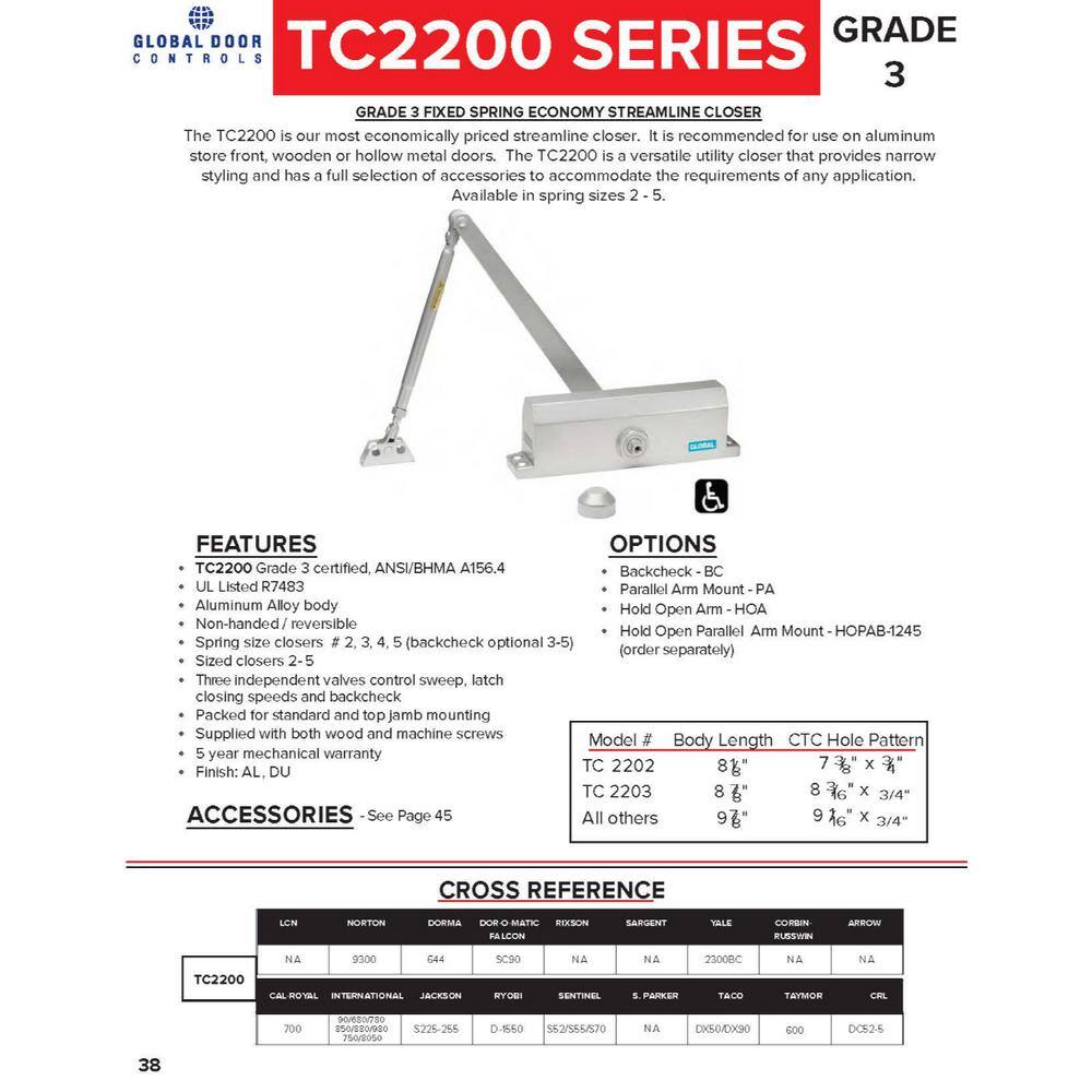 Global Door Controls TC2203-PA-AL Commercial Grade 3 Door Closer with Parallel Arm Bracket in Aluminum - Size 30