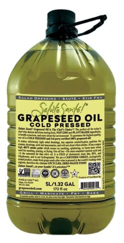 Grapeseed Oil – Cold Pressed & 100% grape oil | “Good Inside and Out” Beauty & Cooking Oil | High-Heat, Non-GMO, Kosher, Vegan | For Skincare, Hair, Massage, Soap & Gourmet Recipes | 5 Liter Jug
