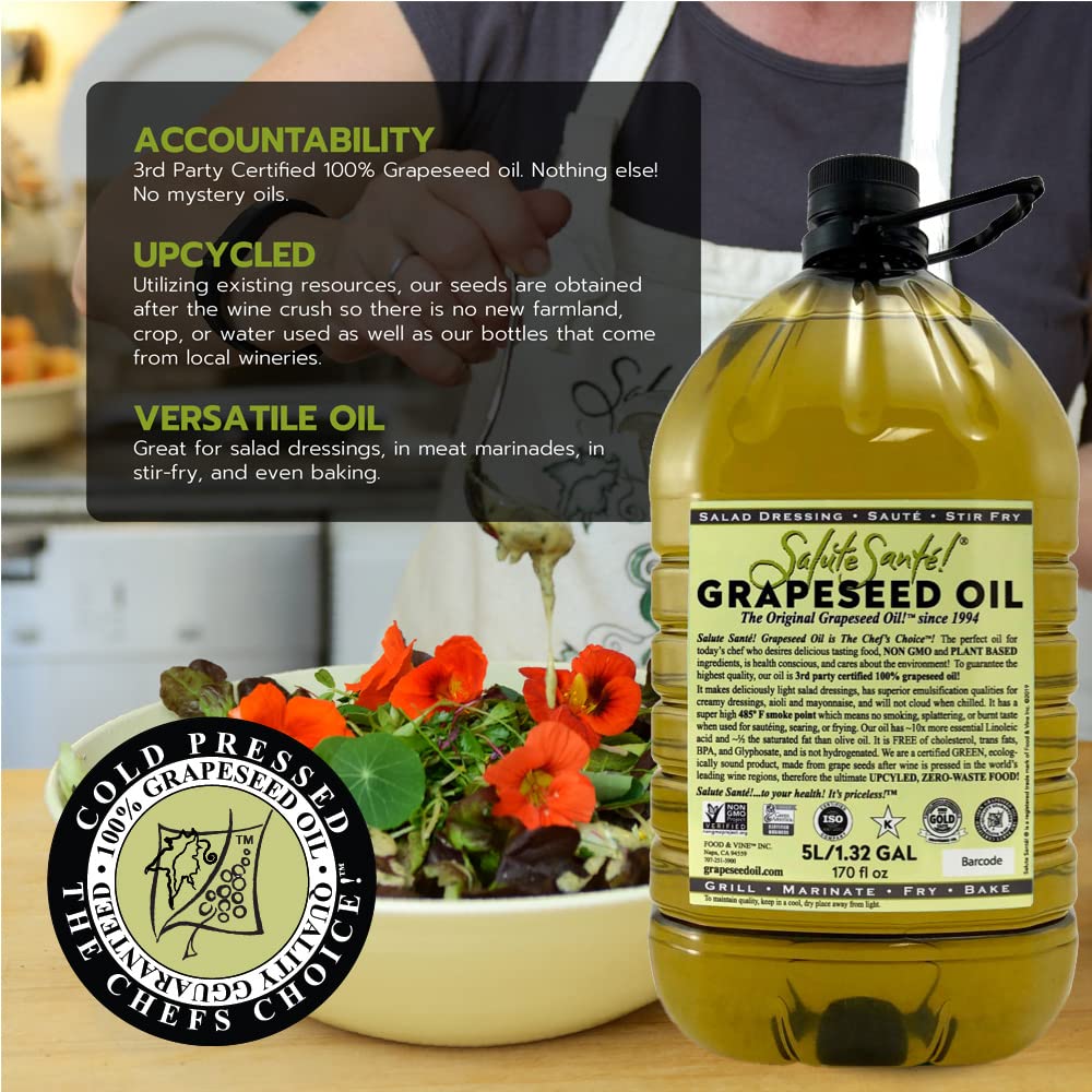Grapeseed Oil – Cold Pressed & 100% grape oil “Good Inside and Out” Beauty & Cooking Oil High-Heat, Non-GMO, Kosher, Vegan For Skincare, Hair, Massage, Soap & Gourmet Recipes 5 Liter Jug7
