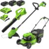 Greenworks 1341602-VK 48V (2x24V) Electric Lawn Mower Combo Kit: 20"Steel Deck Push Mower, 12" String Trimmer, 320 CFM Blower, 3 Batteries & 2 Chargers, 3-Year Warranty.
