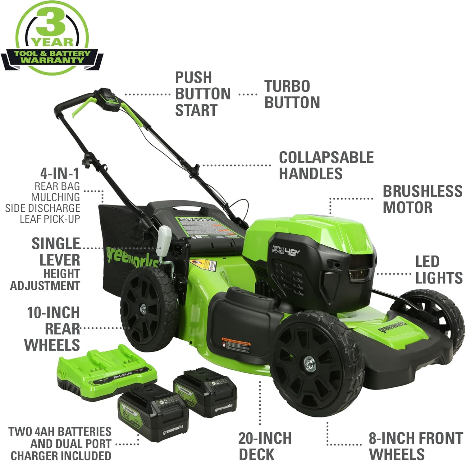 Greenworks 1341602-VK 48V (2x24V) Electric Lawn Mower Combo Kit 20 Steel Deck Push Mower, 12 String Trimmer, 320 CFM Blower, 3 Batteries & 2 Chargers, 3-Year Warranty.1