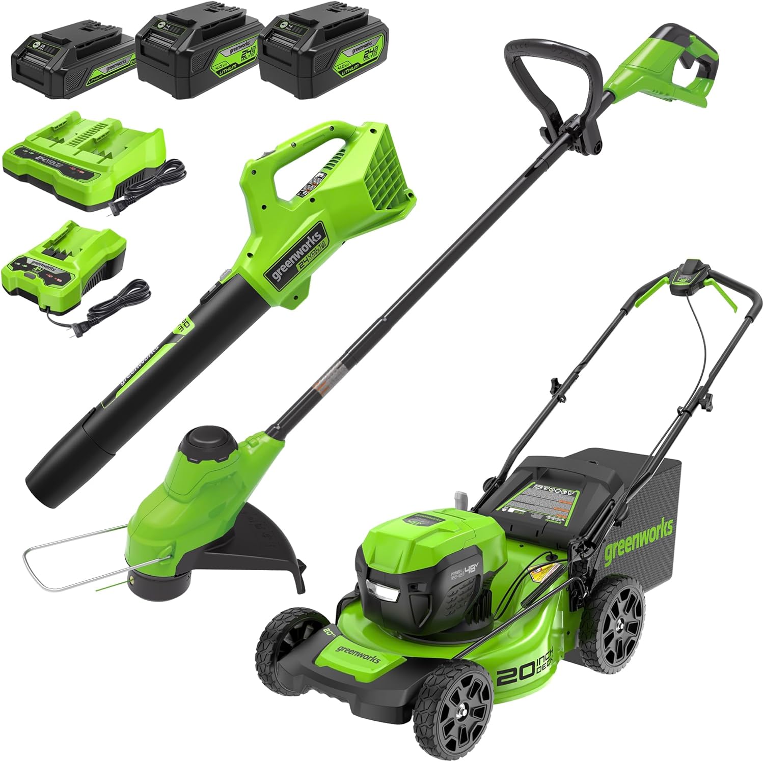Greenworks 1341602-VK 48V (2x24V) Electric Lawn Mower Combo Kit 20 Steel Deck Push Mower, 12 String Trimmer, 320 CFM Blower, 3 Batteries & 2 Chargers, 3-Year Warranty. Greenworks 1341602-VK 48V (2x24V) Electric Lawn Mower Combo Kit: 20"Steel Deck Push Mower, 12" String Trimmer, 320 CFM Blower, 3 Batteries & 2 Chargers, 3-Year Warranty.