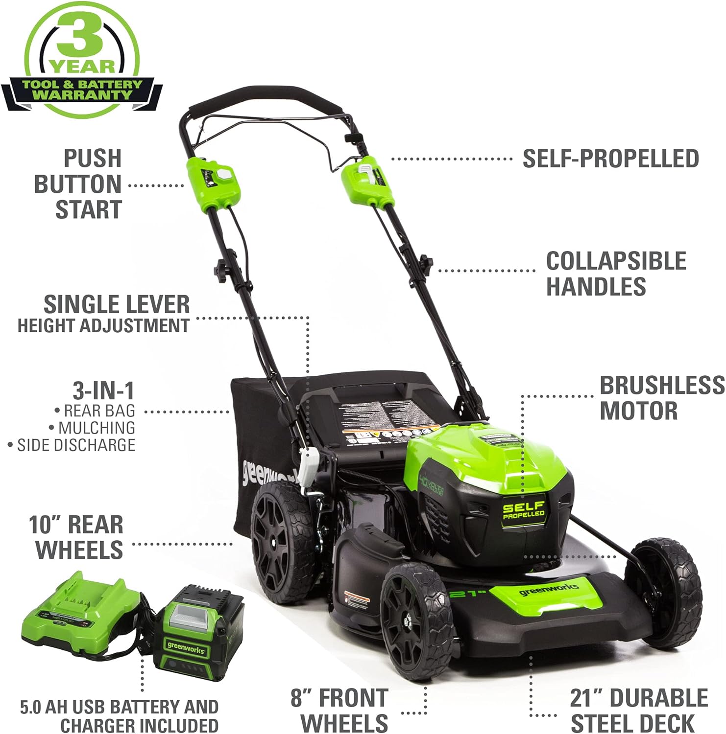 Greenworks 40V 21 Brushless Cordless (Self-Propelled) Lawn Mower (75+ Compatible Tools), 5.0Ah Battery and Charger Included1
