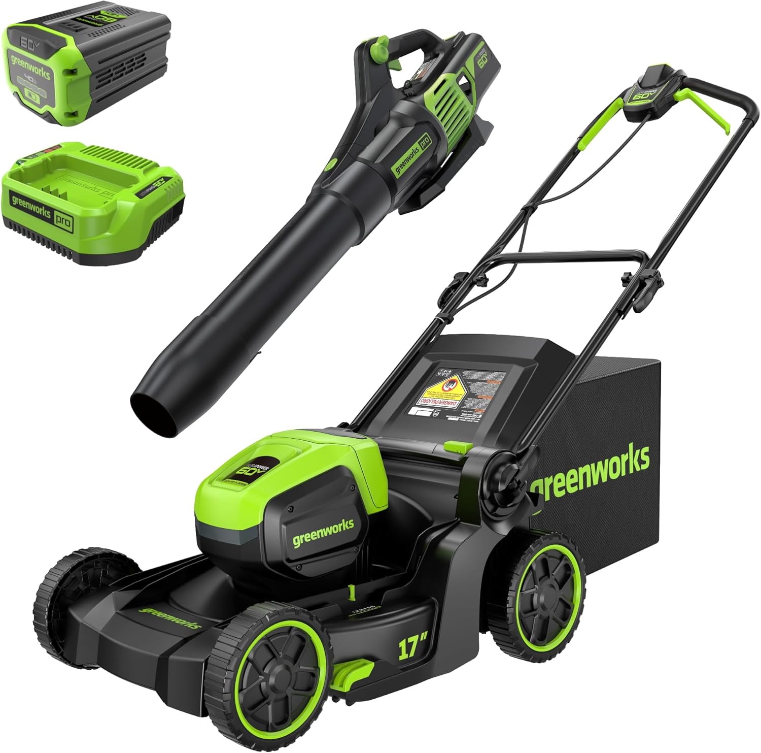 Greenworks 60V 17 Brushless (Push) Mower + 60V (610 CFM) Brushless Blower, 4.0Ah Battery and 3A Charger Greenworks MBCK60L410 60V 17" Brushless (Push) Mower + 60V (610 CFM) Brushless Blower, 4.0Ah Battery and 3A Charger