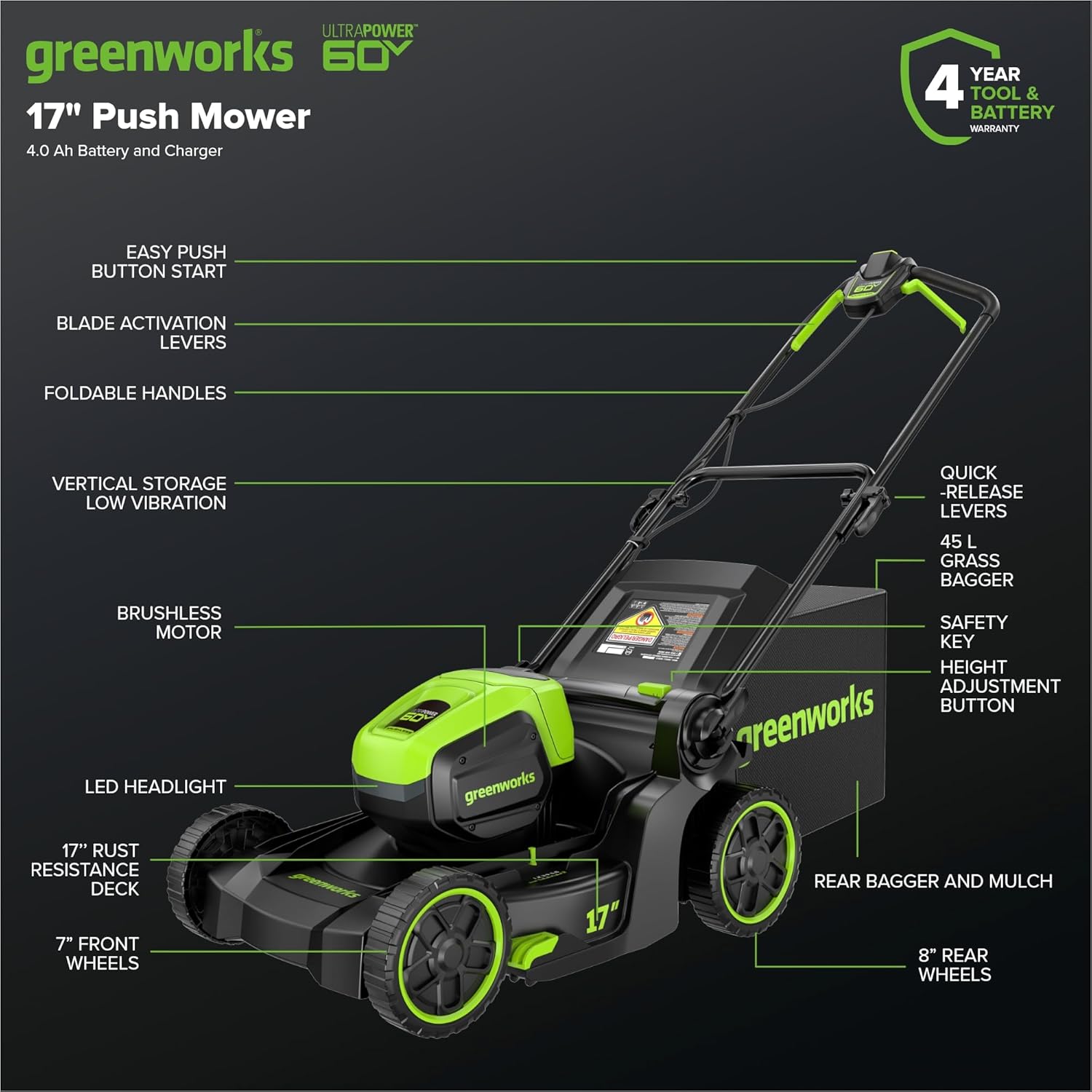 Greenworks 60V 17 Brushless (Push) Mower + 60V (610 CFM) Brushless Blower, 4.0Ah Battery and 3A Charger1