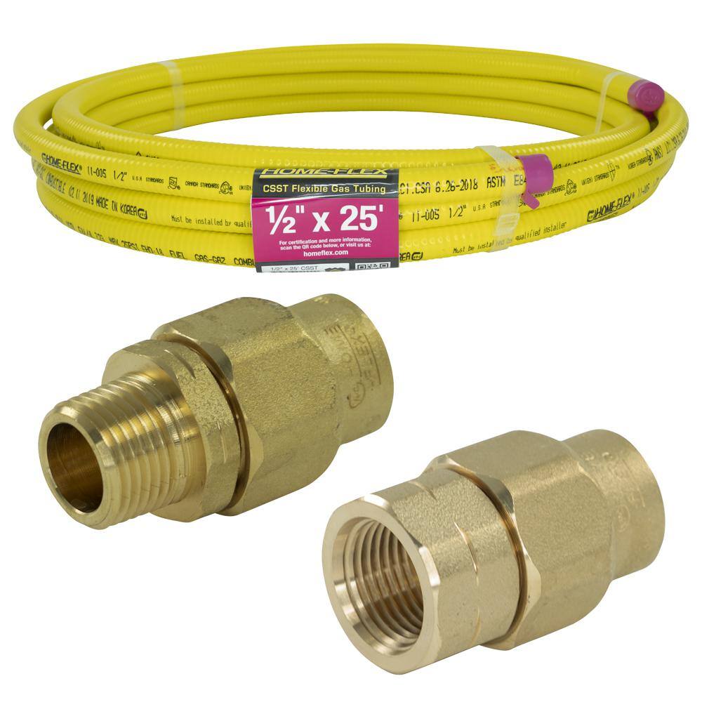 HOME-FLEX 11-436435525-005 1 2 in. x 25 ft. CSST MPT FPT Connection Kit (1) 1 2 in. MPT Male Adapter (1) 1 2 in. FPT Female Adapter (1) CSST Pipe HOME-FLEX 11-436435525-005 1/2 in. x 25 ft. CSST MPT/FPT Connection Kit (1) 1/2 in. MPT Male Adapter (1) 1/2 in. FPT Female Adapter (1) CSST Pipe