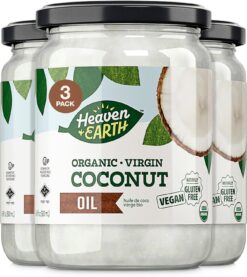 Heaven & Earth Organic Unrefined Virgin Coconut Oil, (3 Pack) 16oz | Glass Jar | Cold Pressed | Coconut Oil for Cooking, Hair & Skin | Kosher