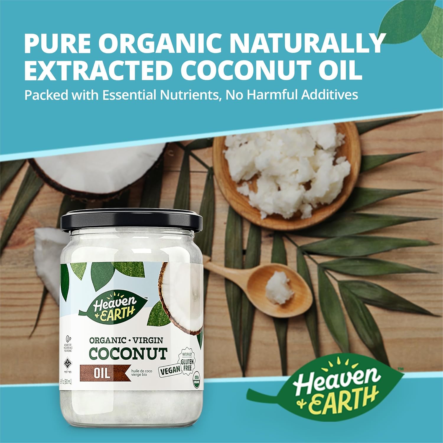 Heaven & Earth Organic Unrefined Virgin Coconut Oil, (3 Pack) 16oz Glass Jar Cold Pressed Coconut Oil for Cooking, Hair & Skin Kosher3