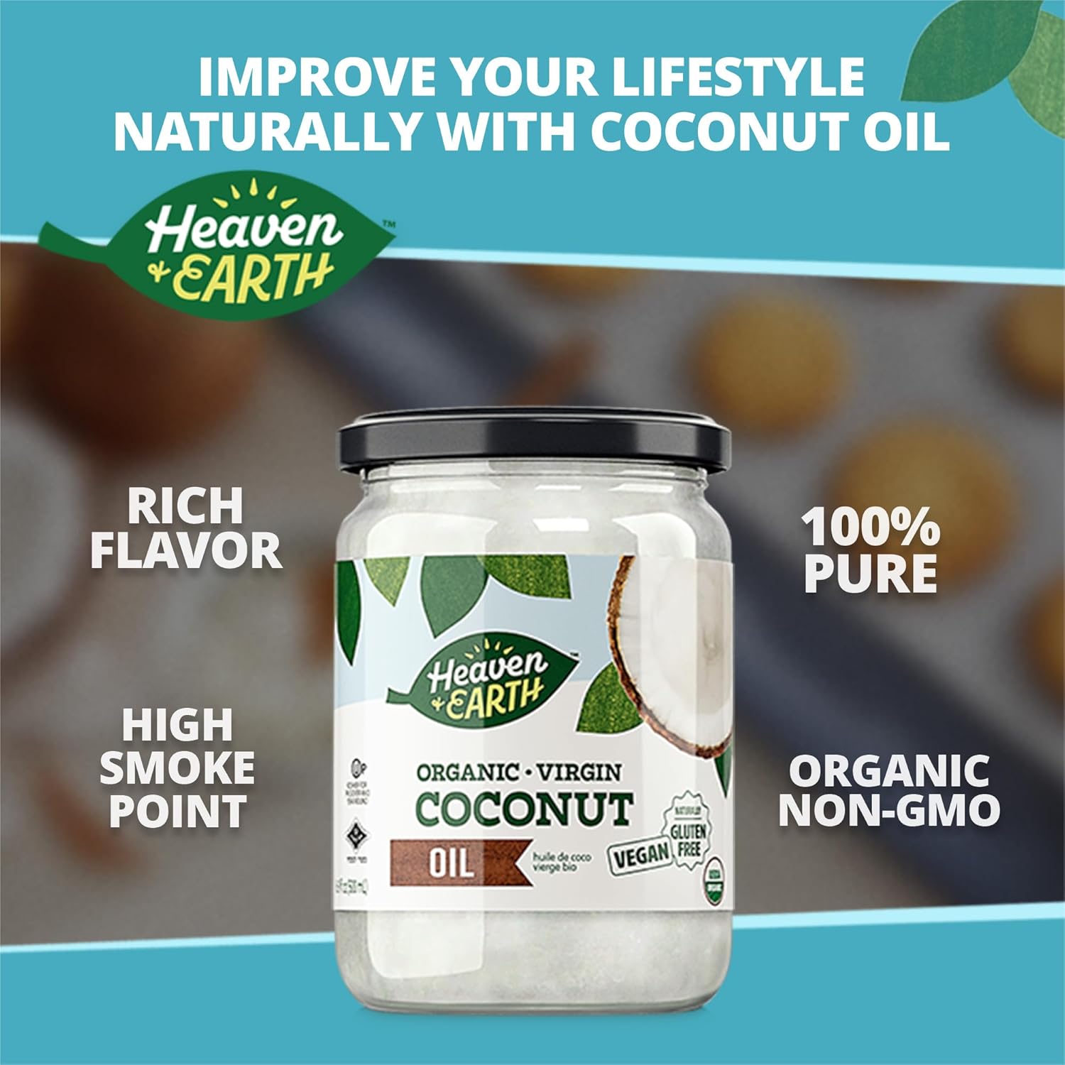 Heaven & Earth Organic Unrefined Virgin Coconut Oil, (3 Pack) 16oz Glass Jar Cold Pressed Coconut Oil for Cooking, Hair & Skin Kosher9