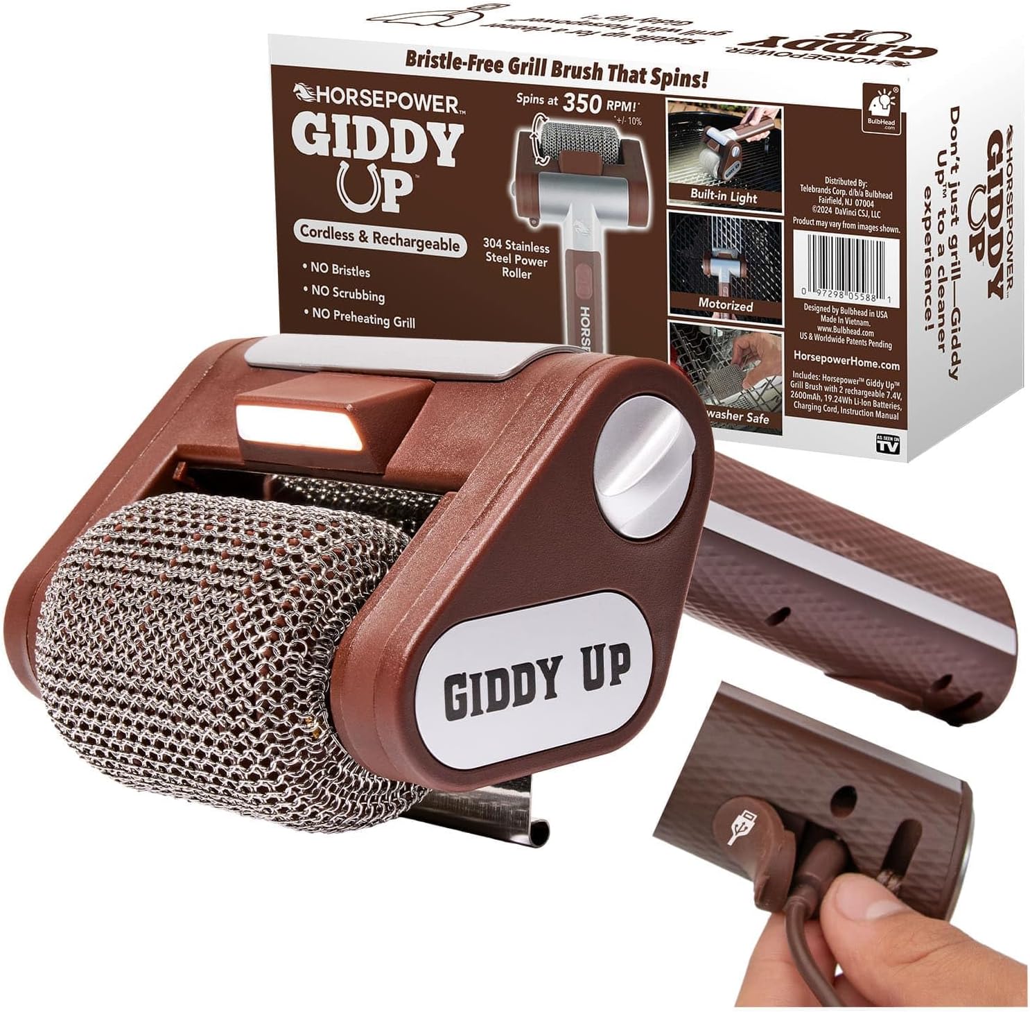 HorsePower Giddy Up Grill Cleaner AS-SEEN-ON-TV! – Cordless, Rechargeable BBQ Tool with 350 RPM Stainless Roller, LED Light – Patents Pending – From BulbHead, a Family-Owned American Brand HorsePower Giddy Up Grill Cleaner AS-SEEN-ON-TV! – Cordless, Rechargeable BBQ Tool with 350 RPM Stainless Roller, LED Light – Patents Pending – From BulbHead, a Family-Owned American Brand