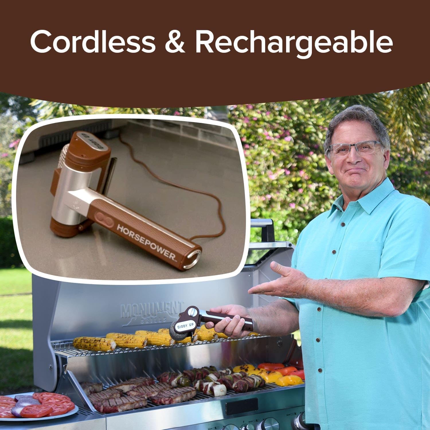 HorsePower Giddy Up Grill Cleaner AS-SEEN-ON-TV! – Cordless, Rechargeable BBQ Tool with 350 RPM Stainless Roller, LED Light – Patents Pending – From BulbHead, a Family-Owned American Brand0