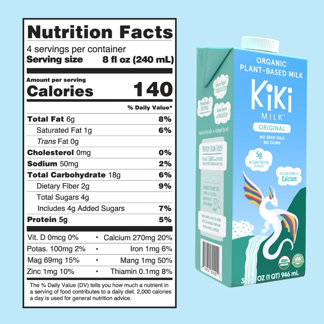 Kiki Milk Plant Based Milk - Organic Original Kiki Milk - Calcium & Magnesium Source - Gluten Free, Gum Free, GMO Free, Dairy Free, Soy Free, Glyphosate Free - Shelf Stable - (32 oz • Pack of 6)1