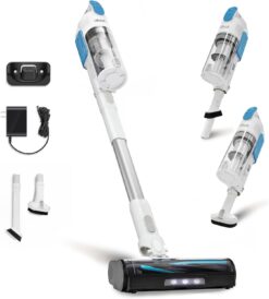LEVOIT Cordless Vacuum Cleaner, Stick Vac with Tangle-Resistant Design, Up to 50 Minutes, Powerful Suction, Rechargeable, Lightweight, and Versatile for Carpet, Hard Floor, Pet Hair, White＆Blue