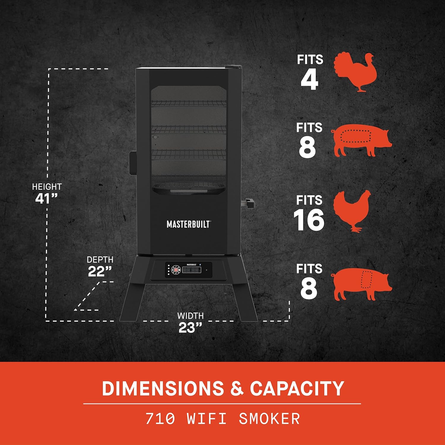 Masterbuilt®710 WiFi Digital Smoker, Vertical Design, 711 Cooking Sq. Inches, 4 Chrome Coated Smoking Racks, Wood Chip Loader, Electric Fuel Source to Plug in and Start Cooking, Black Model MB2007092415