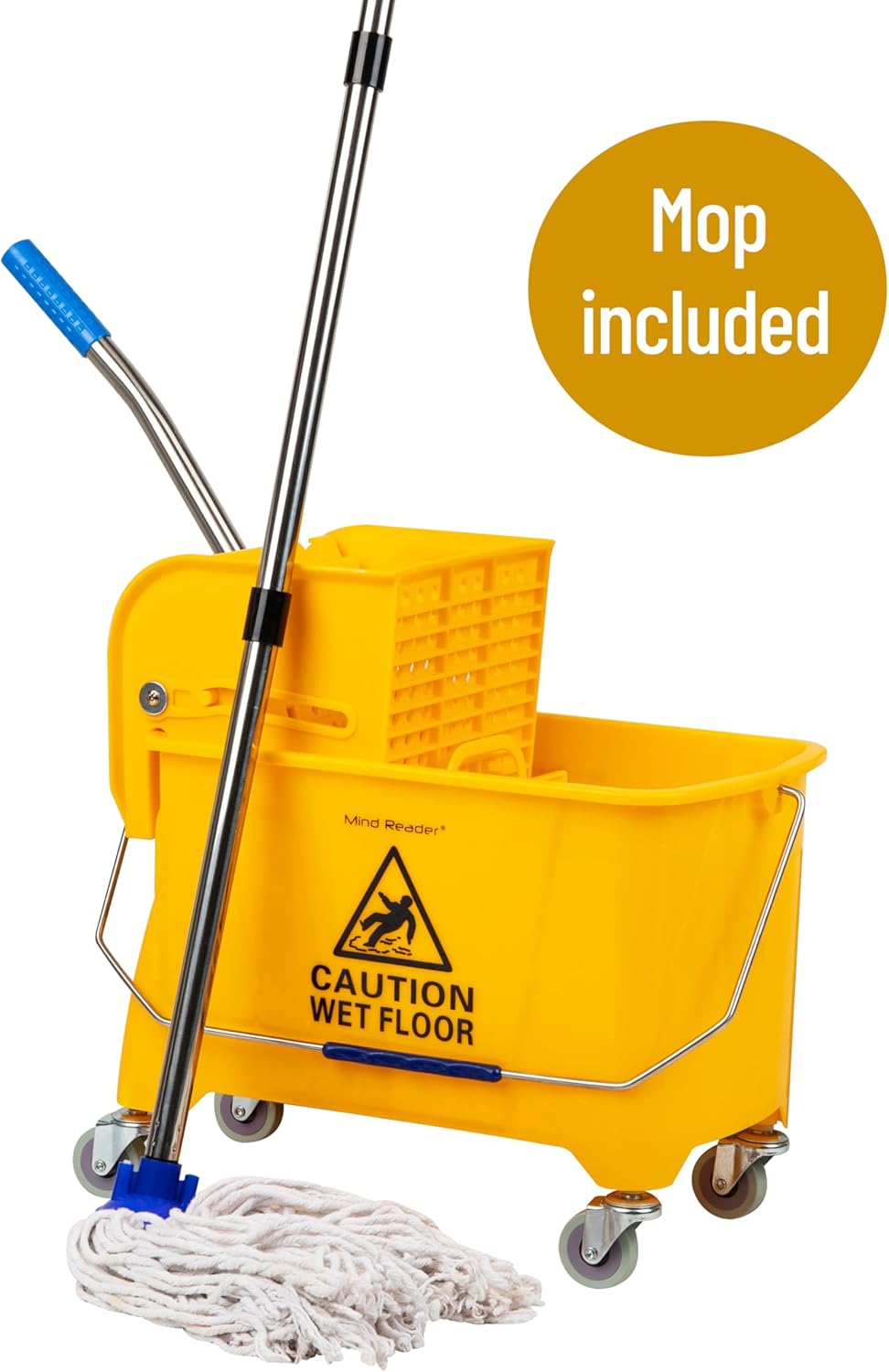 Mind Reader Bucket with Wringer and Mop Set, 22 Qt (5.5 Gallon), Floor Cleaning, Wheels, 16.25 L x 10.75 W x 24.5 H, Yellow1