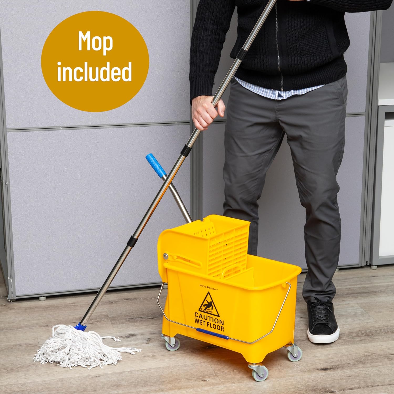 Mind Reader Bucket with Wringer and Mop Set, 22 Qt (5.5 Gallon), Floor Cleaning, Wheels, 16.25 L x 10.75 W x 24.5 H, Yellow2