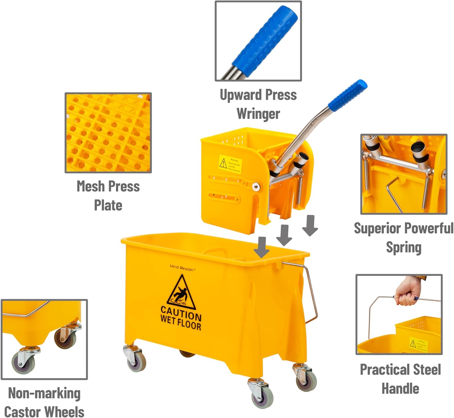 Mind Reader Bucket with Wringer and Mop Set, 22 Qt (5.5 Gallon), Floor Cleaning, Wheels, 16.25 L x 10.75 W x 24.5 H, Yellow8