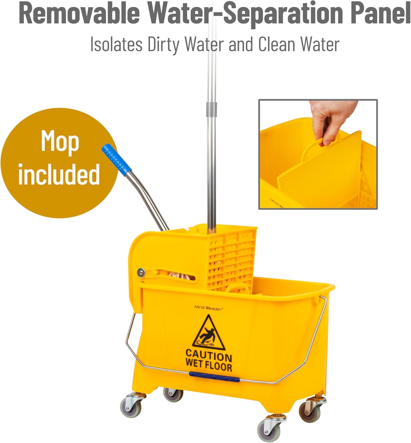 Mind Reader Bucket with Wringer and Mop Set, 22 Qt (5.5 Gallon), Floor Cleaning, Wheels, 16.25 L x 10.75 W x 24.5 H, Yellow98