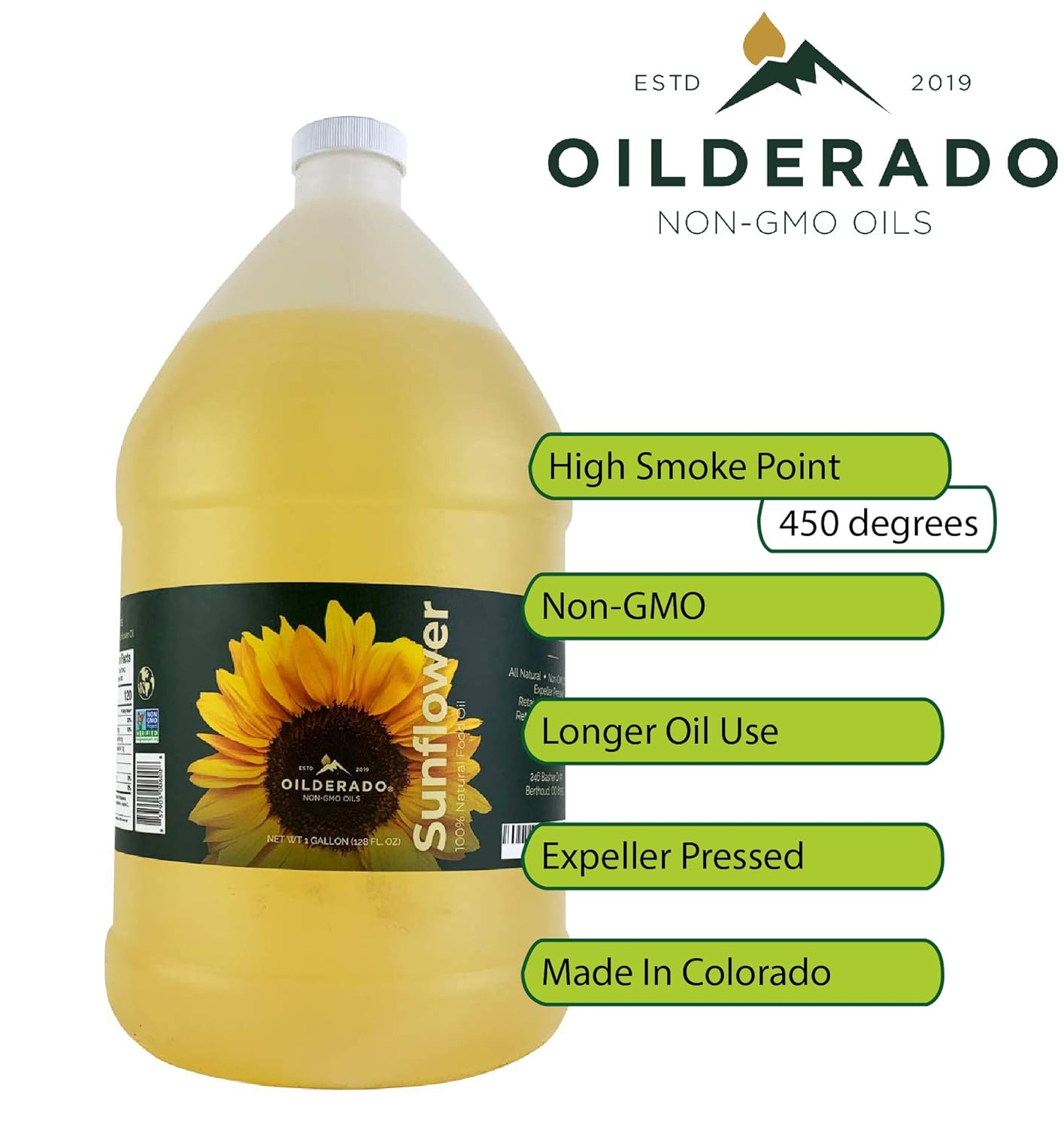 Oilderado Sunflower Oil, Naturally Expeller Pressed, Non-GMO Certified, Sunflower Cooking Oil, High-Heat Cooking, Great for Dressings, Marinades, and Frying, 1-Gallon2