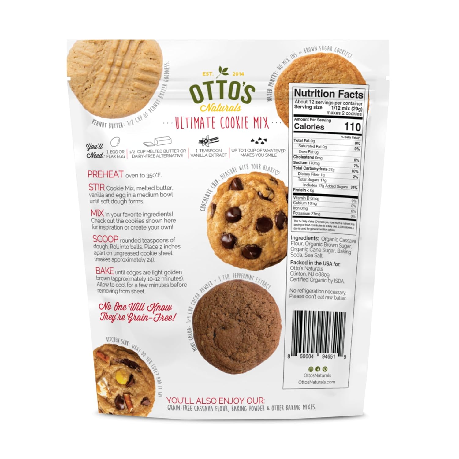 Otto's Naturals Grain-Free Ultimate Cookie Mix, 12.2 Oz., 6 Pack, Top 9 Allergen-Free, Organic Cassava Flour, Gluten Free, Non-GMO, Vegan, Plant-Based`
