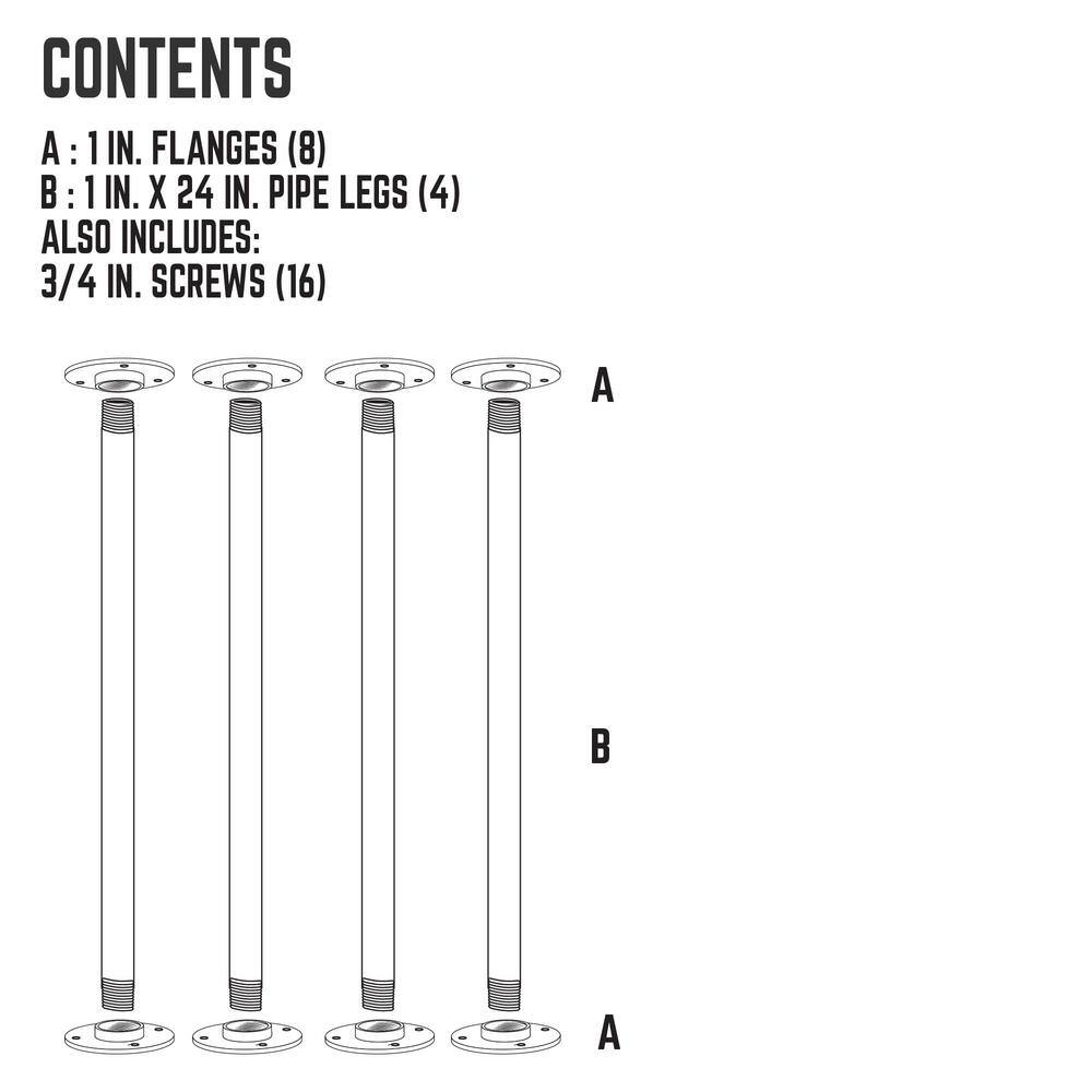PIPE DECOR 365 PD1X24F-LEG 1 in. x 2 ft. L Black Steel Pipe and Flange Table Leg Kit (Set of 4)9