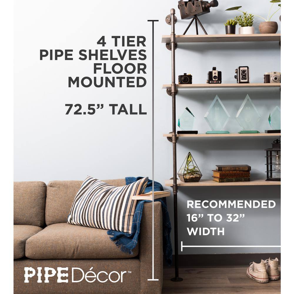 PIPE DECOR 365 PD4TIERFLMT 1 2 in. Black Steel Pipe 11.75 in. D x 72.5 in. H Floor Mounted 4-Tier Shelf Kit0