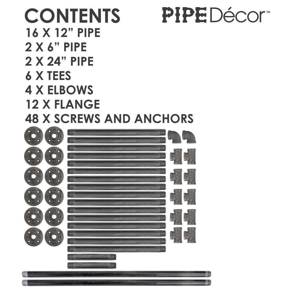 PIPE DECOR 365 PD4TIERFLMT 1 2 in. Black Steel Pipe 11.75 in. D x 72.5 in. H Floor Mounted 4-Tier Shelf Kit3