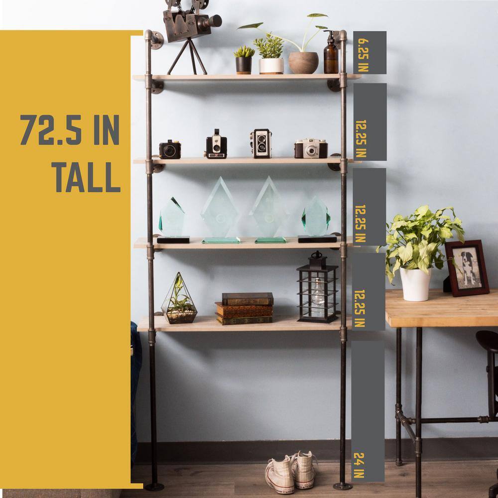 PIPE DECOR 365 PD4TIERFLMT 1 2 in. Black Steel Pipe 11.75 in. D x 72.5 in. H Floor Mounted 4-Tier Shelf Kit7