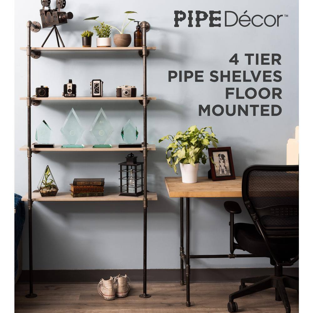PIPE DECOR 365 PD4TIERFLMT 1 2 in. Black Steel Pipe 11.75 in. D x 72.5 in. H Floor Mounted 4-Tier Shelf Kit9